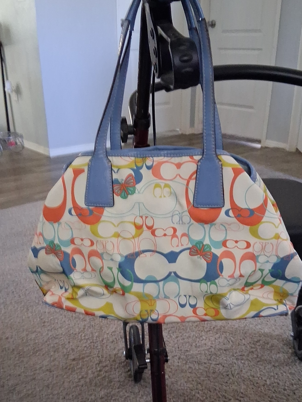 Multicolor Patterned Women's Tote Bag with Blue Handles